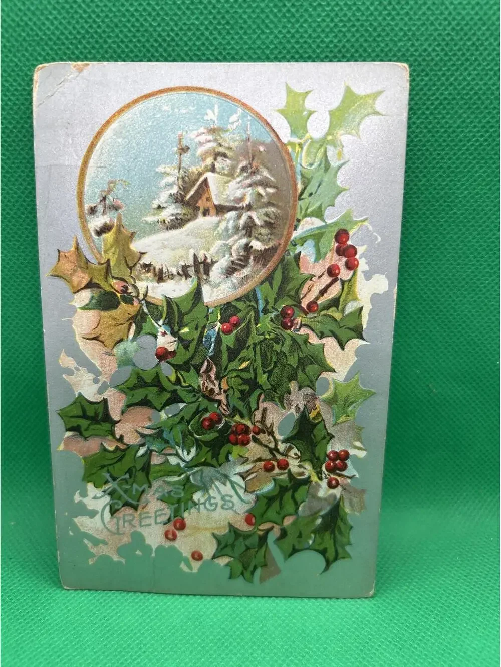 Vintage Christmas Greetings Postcard with Winter Scene and Holly =box5 -box5